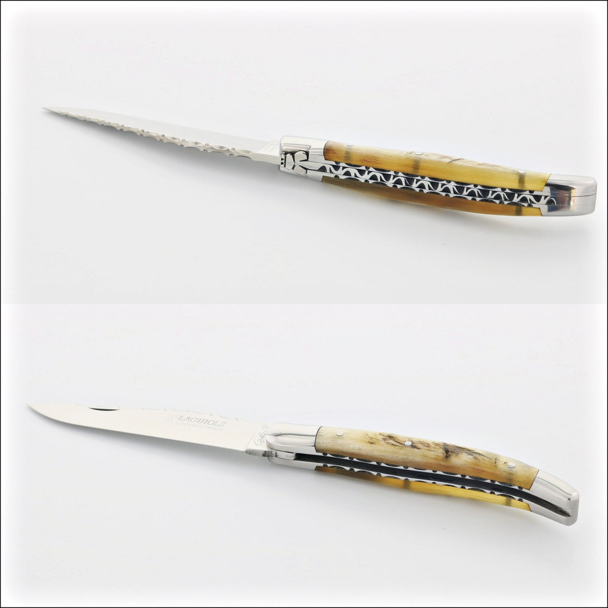 Laguiole Traditional Knife 11 cm Guilloche Ram Horn Tip, close-up of serrated and plain blades. Handcrafted details, 100% Made in France.