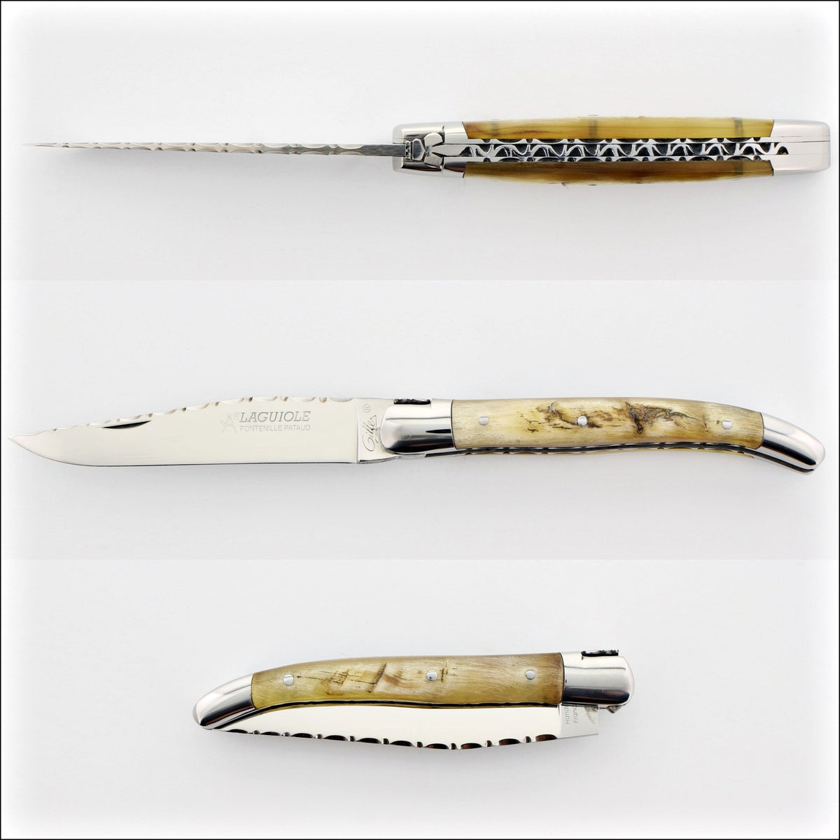 Laguiole Traditional Knife 11 cm Guilloche Ram Horn Tip, side view of open and closed knife. Handcrafted details, 100% Made in France.