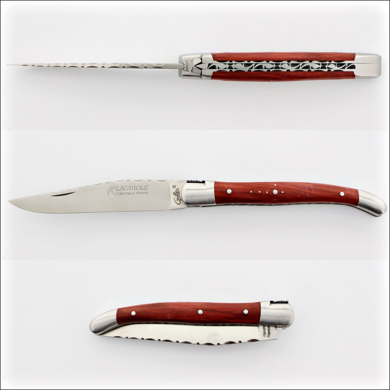 Laguiole Traditional Knife 11 cm Guilloche Rosewood, close-up of open and closed knife. Handcrafted details, 100% Made in France.