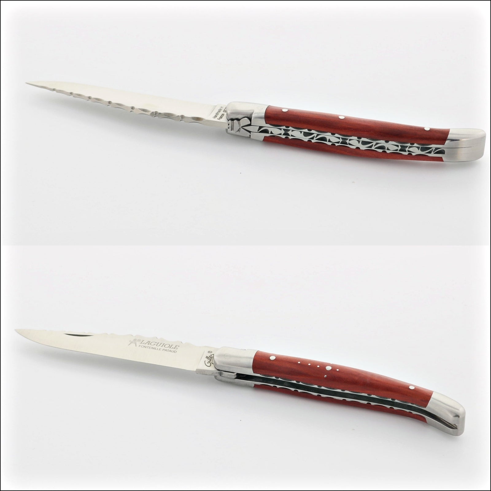 Laguiole Traditional Knife 11 cm Guilloche Rosewood, close-up of open and closed knife. Handcrafted details, 100% Made in France.