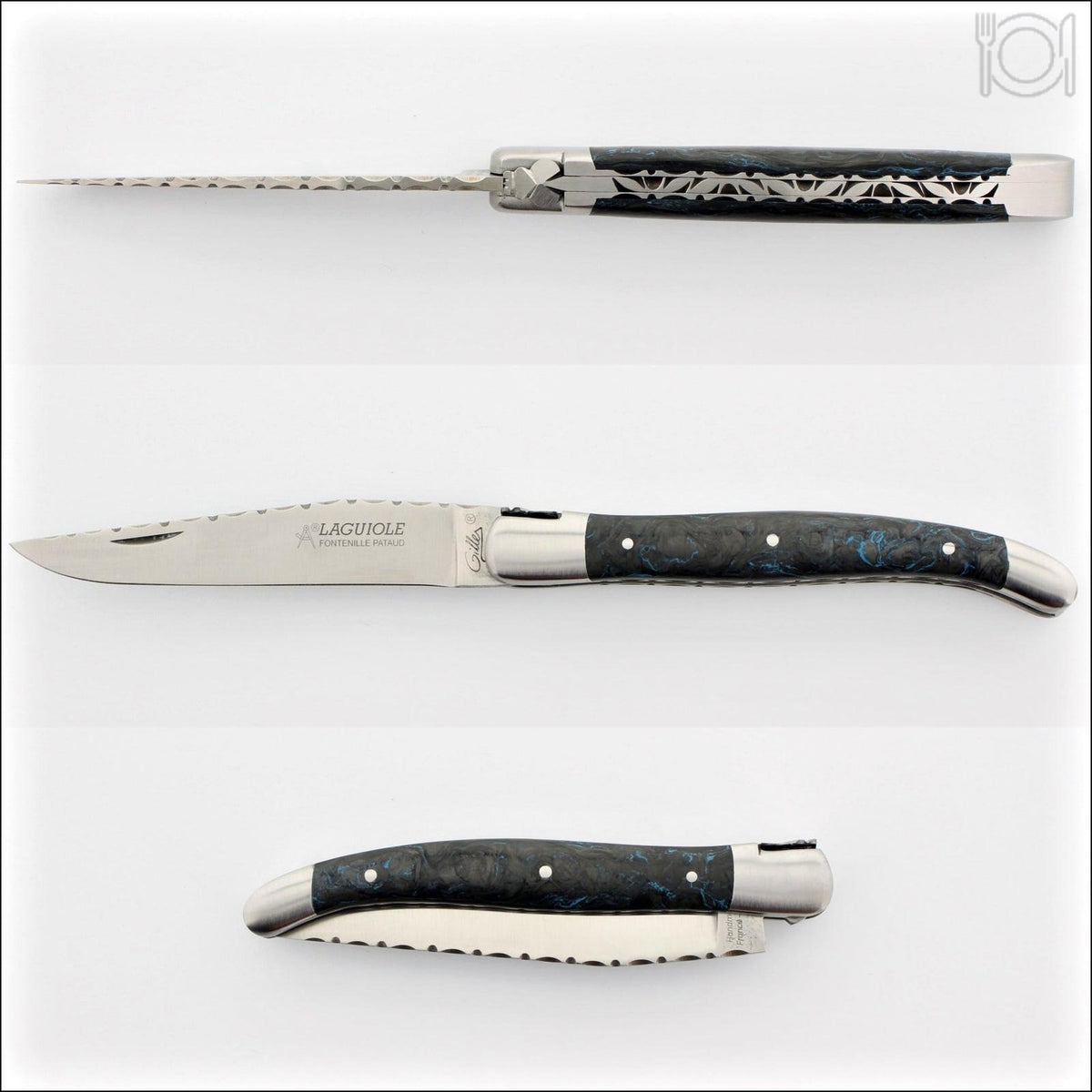 Laguiole Traditional Knife 12 cm Guilloche Blue Dark Matter