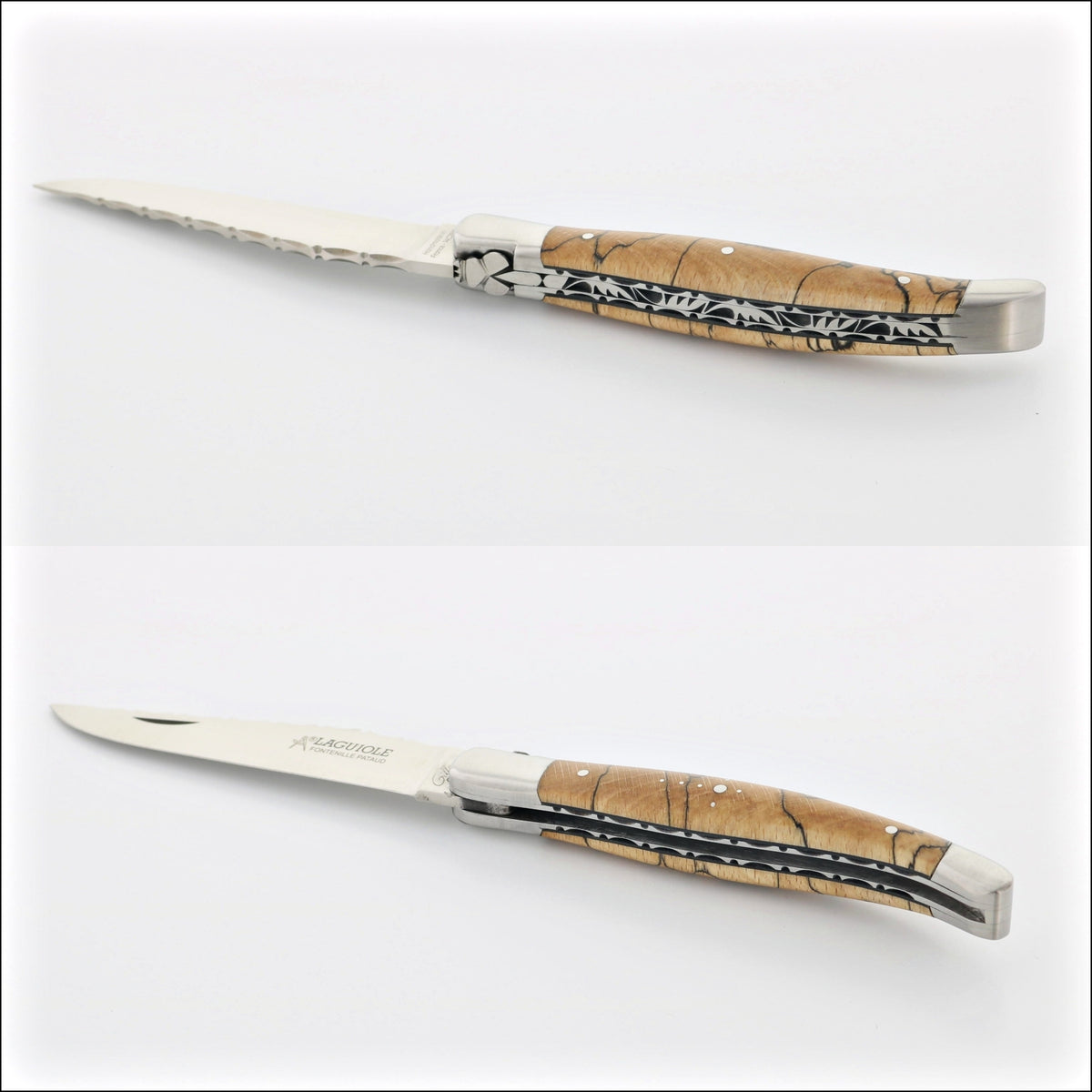 Laguiole Traditional Knife 12 cm. Close-up of burled beech handle with guilloche spine. Handcrafted details, 100% Made in France.