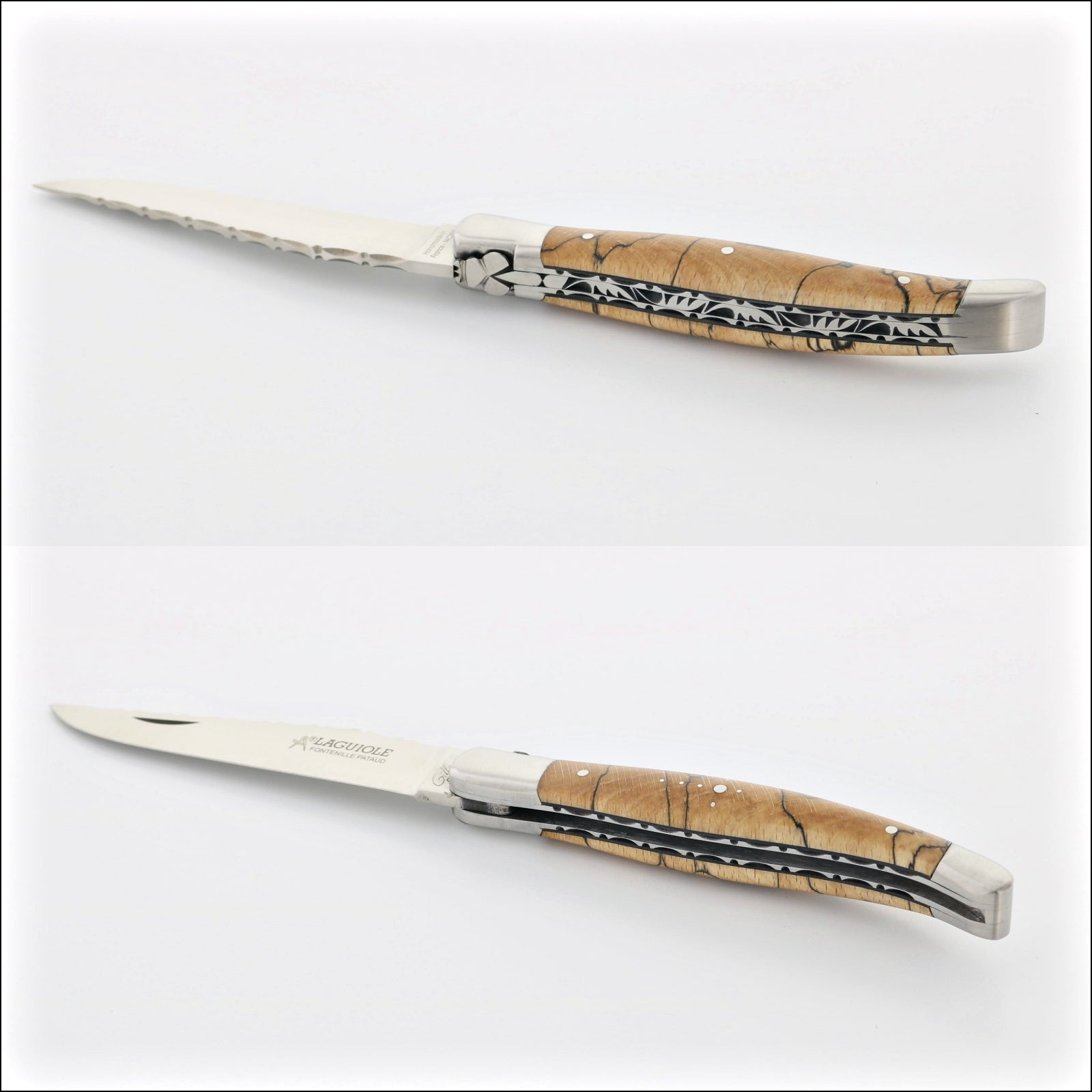 Laguiole Traditional Knife 12 cm Guilloche Burled Beech End Grain, side view. Handcrafted details, 100% Made in France.
