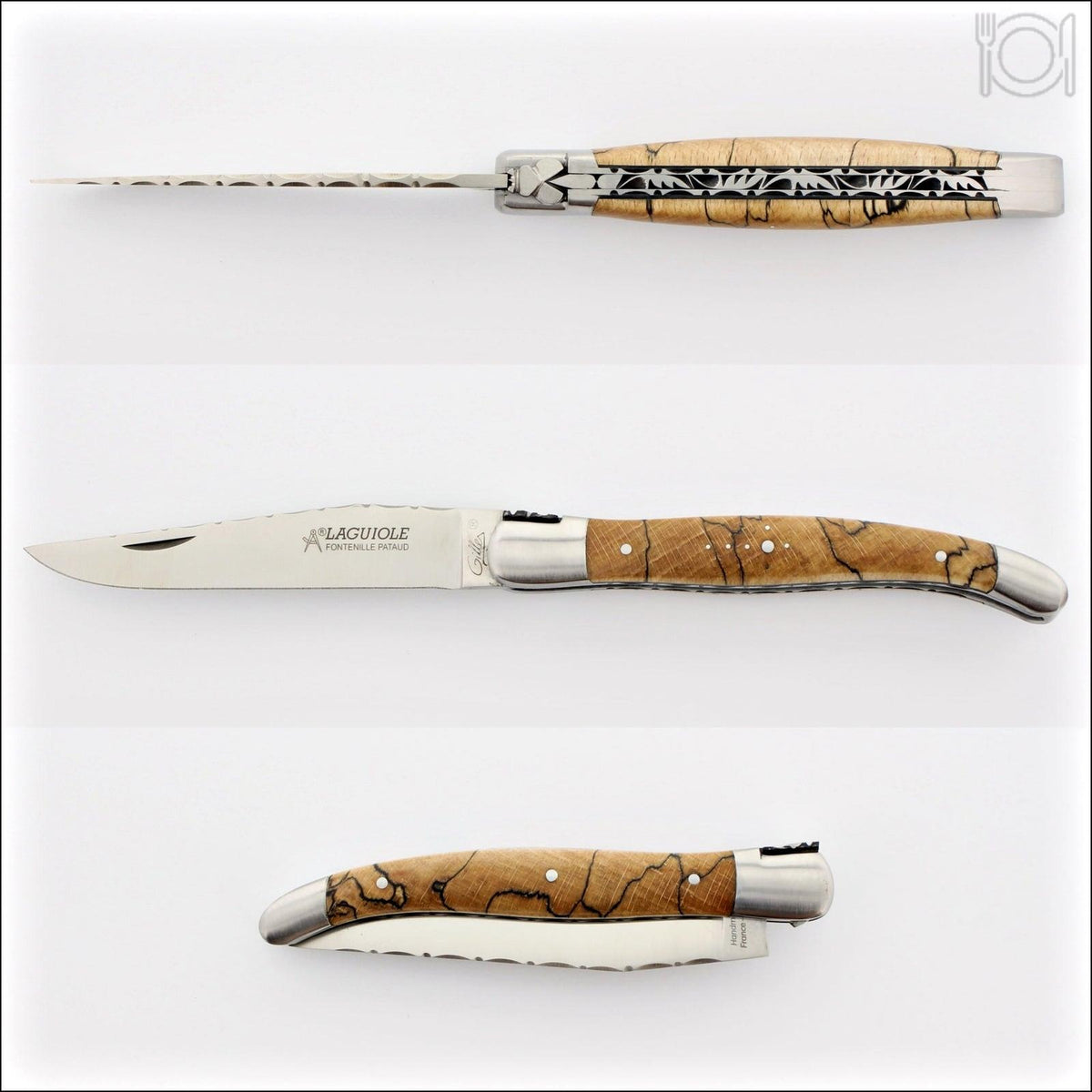 Laguiole Traditional Knife 12 cm Guilloche Burled Beech End Grain, side view. Handcrafted details, 100% Made in France.