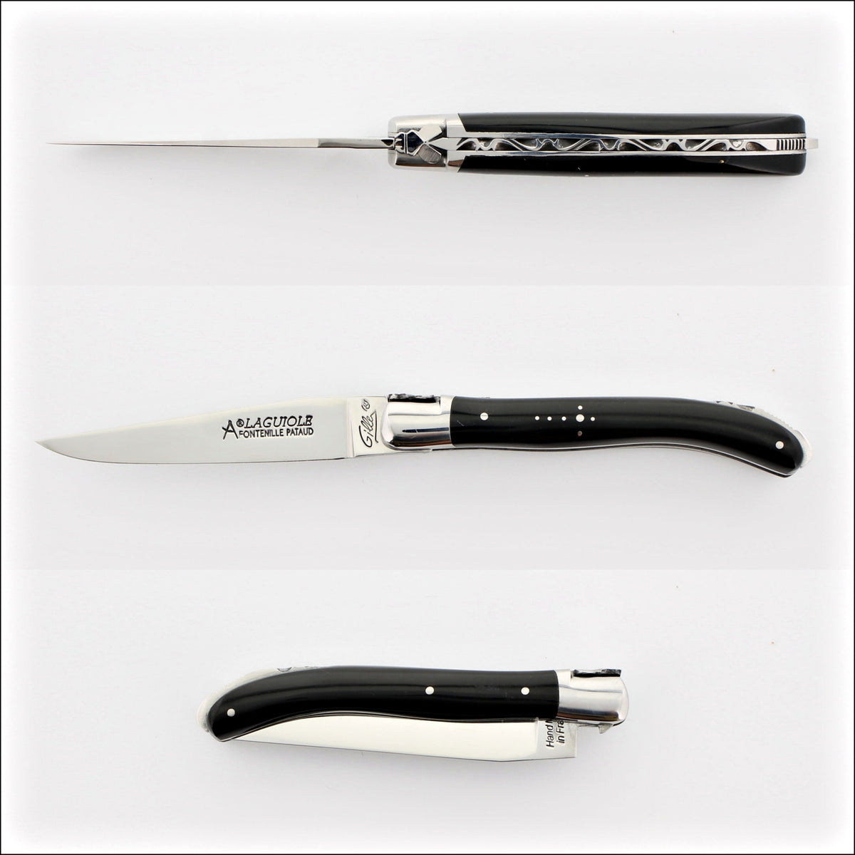 Laguiole XS 9 cm Classic Black Horn Tip, top, side, and closed views. Handcrafted details, 100% Made in France.