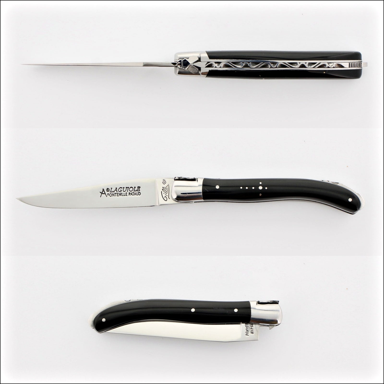 Laguiole XS 9 cm Classic Black Horn Tip, top, side, and closed views. Handcrafted details, 100% Made in France.
