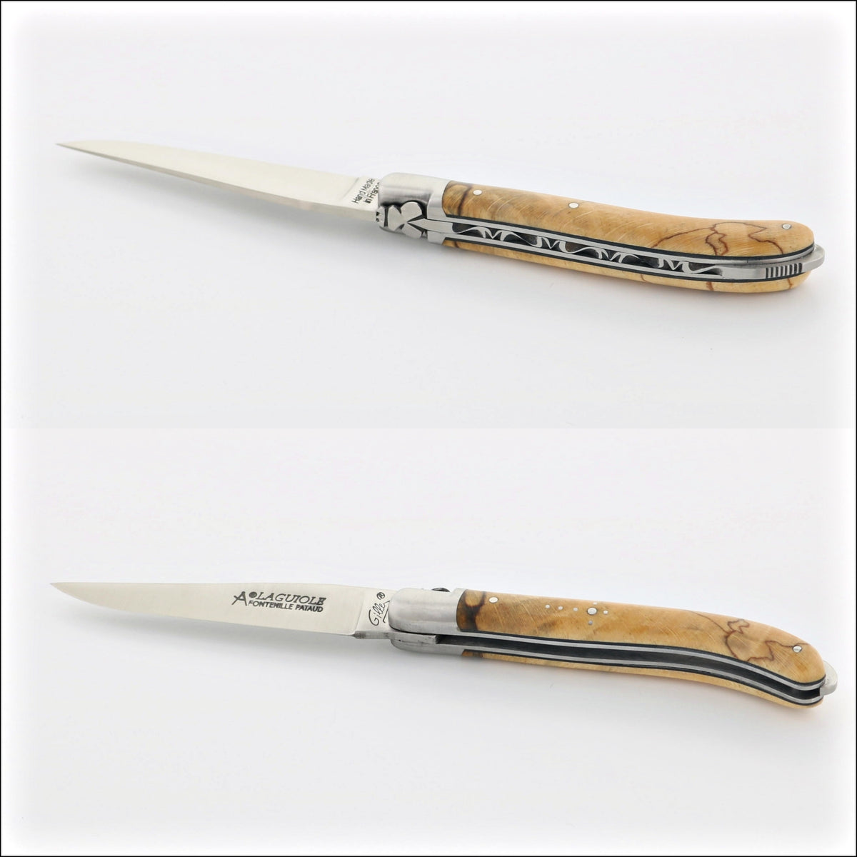 Laguiole XS 9 cm Classic Burled Beech End Grain pocket knife, side view. Handcrafted details, 100% Made in France.