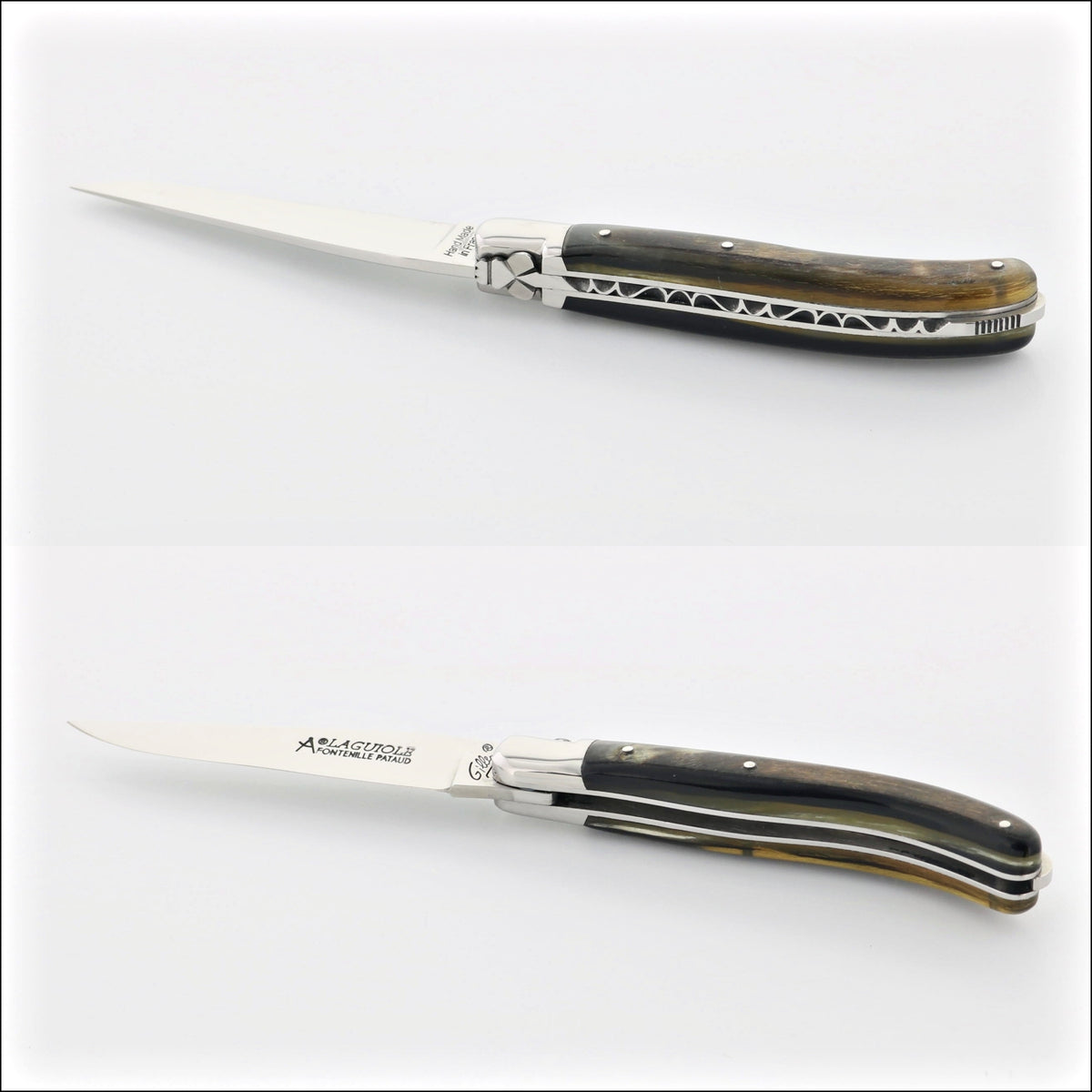Laguiole XS 9 cm Classic Dark Ram Horn pocket knife, side view. Handcrafted details, 100% Made in France.