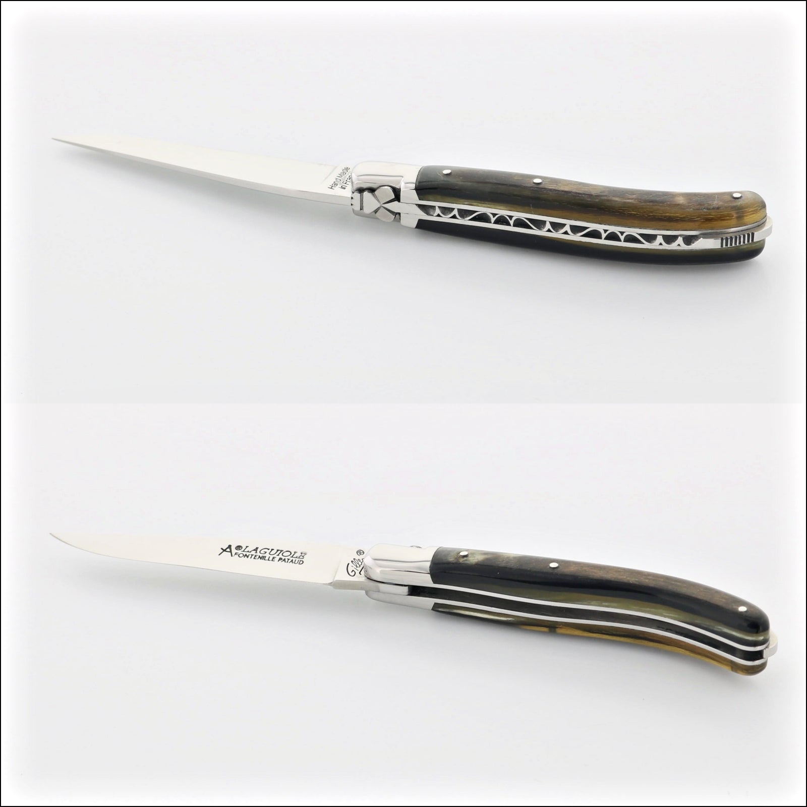 Laguiole XS 9 cm Classic Dark Ram Horn pocket knife, open and closed side views. Handcrafted details, 100% Made in France.