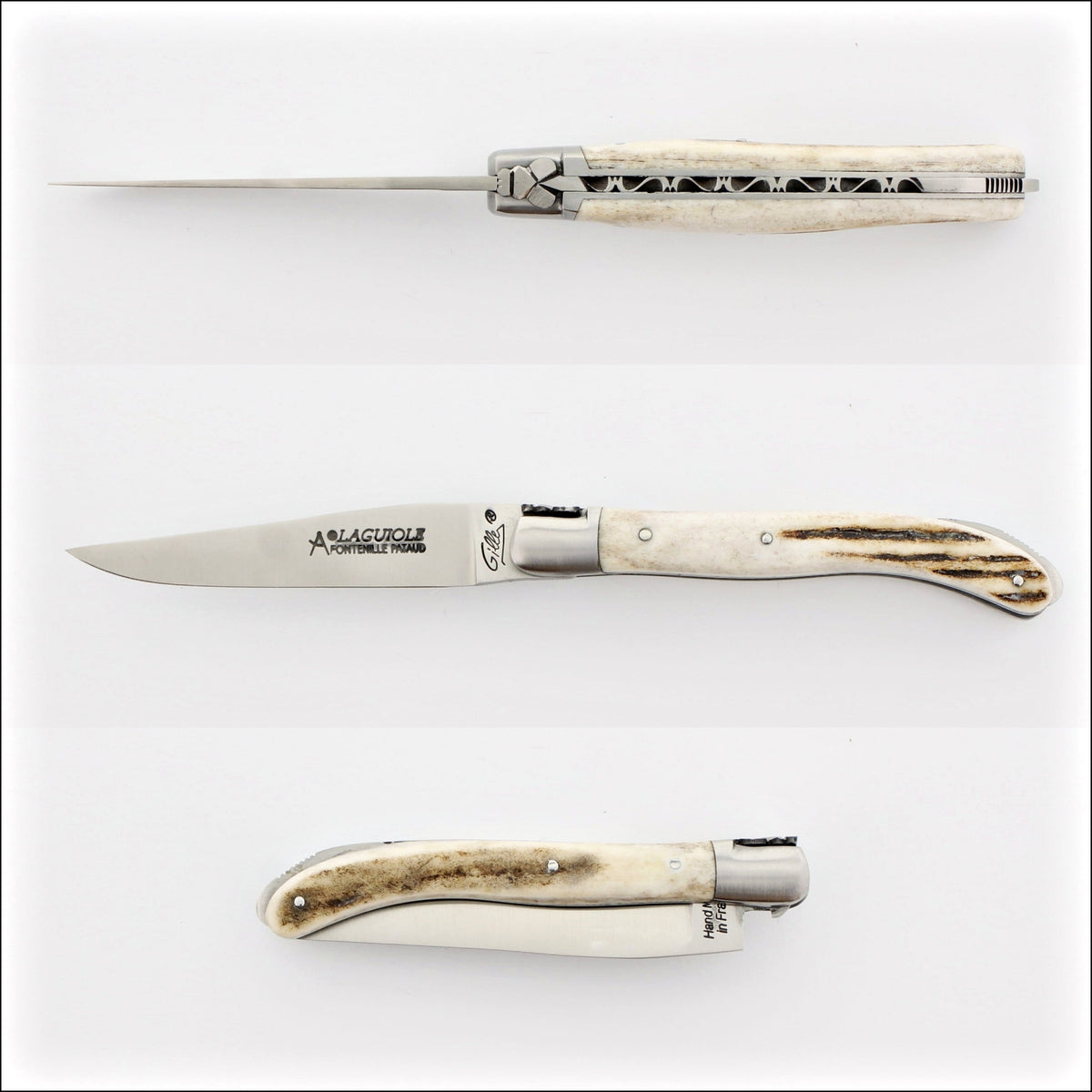 Laguiole XS 9 cm Classic Deer Stag pocket knife, top, side, and closed views.