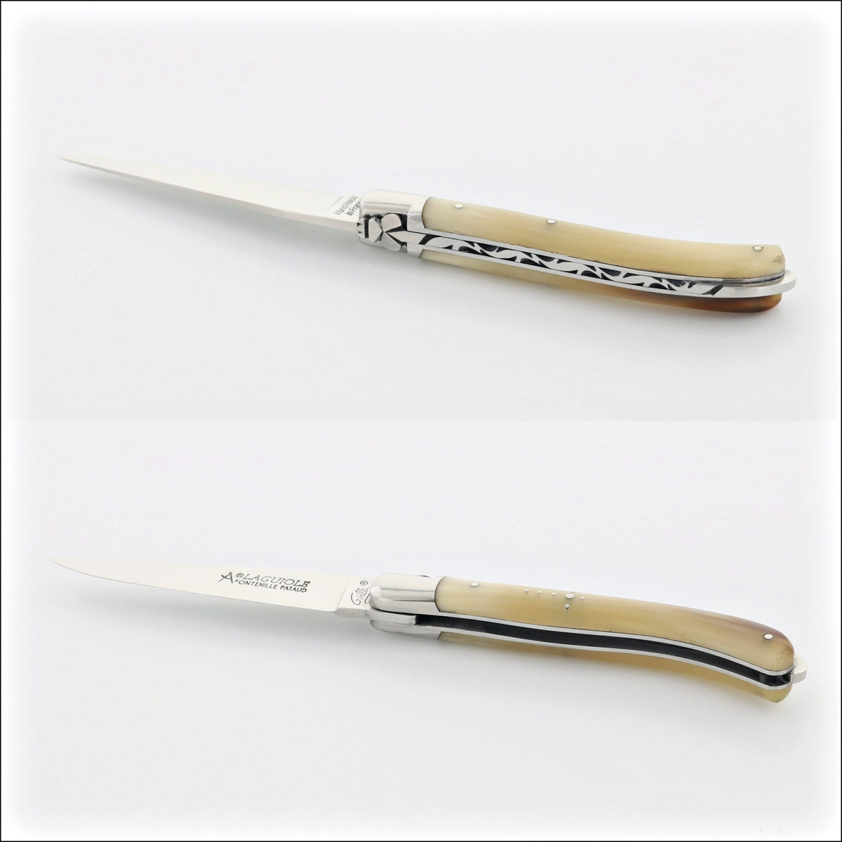 Laguiole XS 9 cm Classic Light Horn Tip, close-up of the light horn handle with decorative metalwork. Handcrafted details, 100% Made in France.