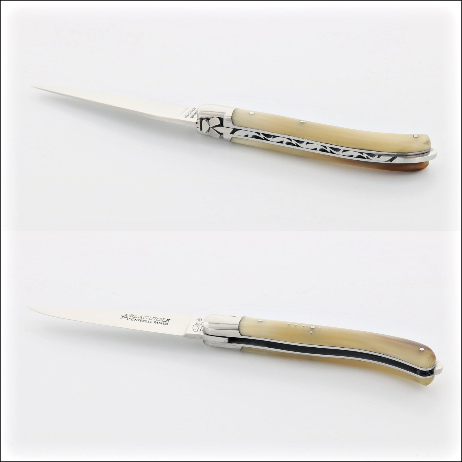 Laguiole XS 9 cm Classic Light Horn Tip, top-down view of open and closed pocket knife. Handcrafted details, 100% Made in France.