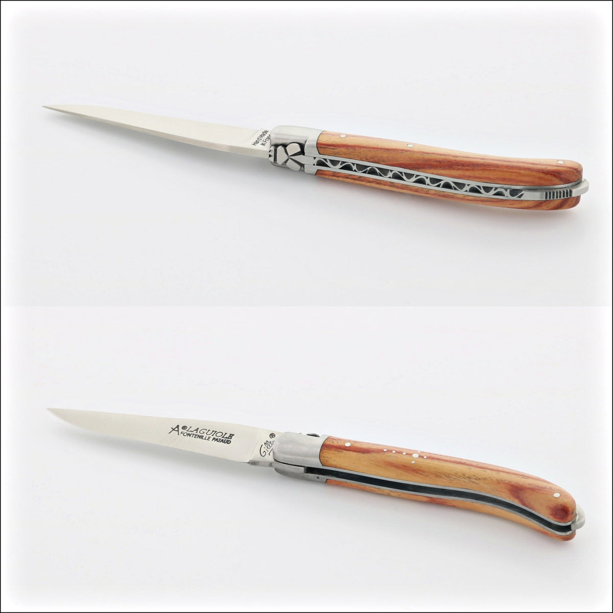 Laguiole XS 9 cm Classic Rosewood pocket knife, top and side views. Handcrafted details, 100% Made in France.