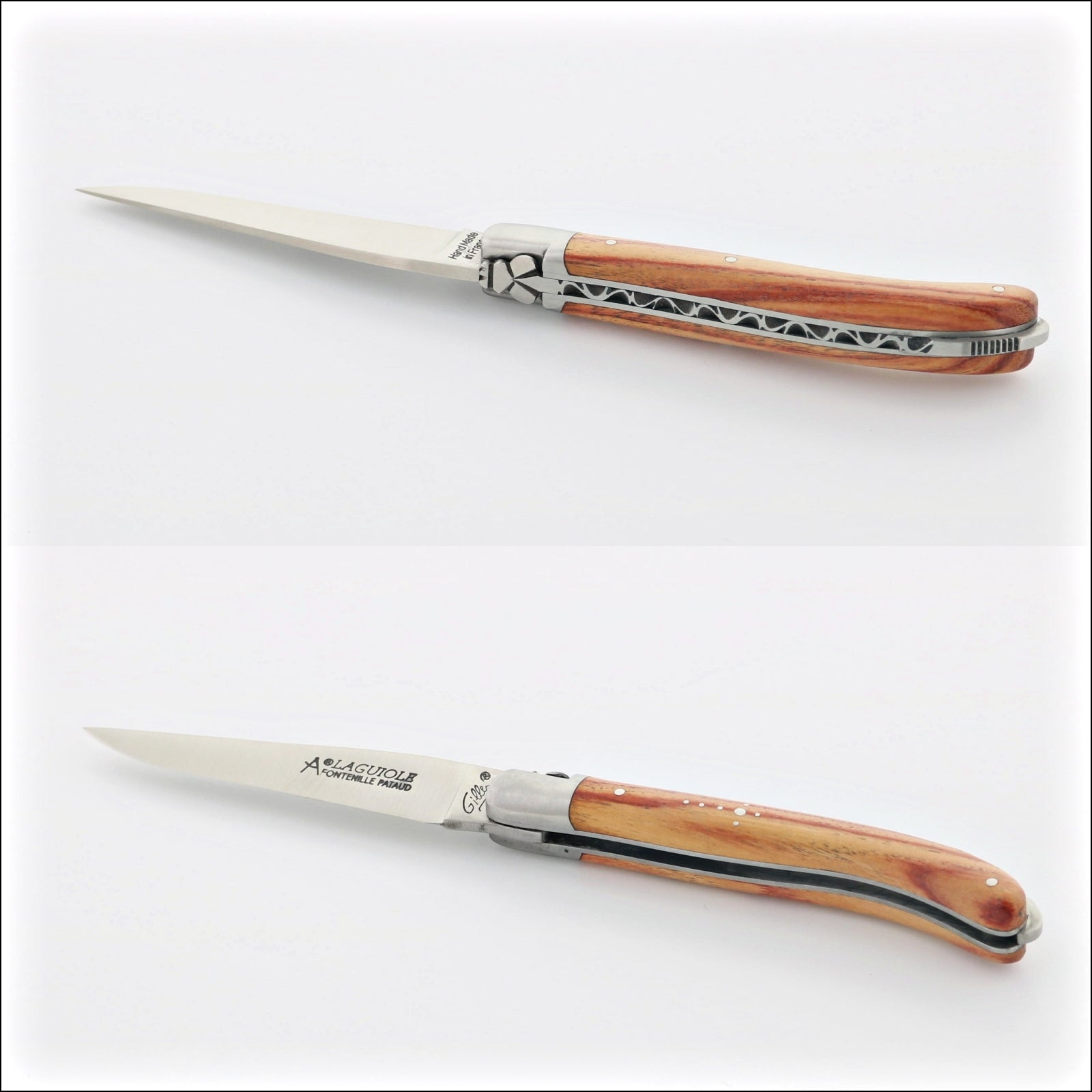 Laguiole XS 9 cm Classic Rosewood pocket knife, top-down view of the open blade and handle. Handcrafted details, 100% Made in France.
