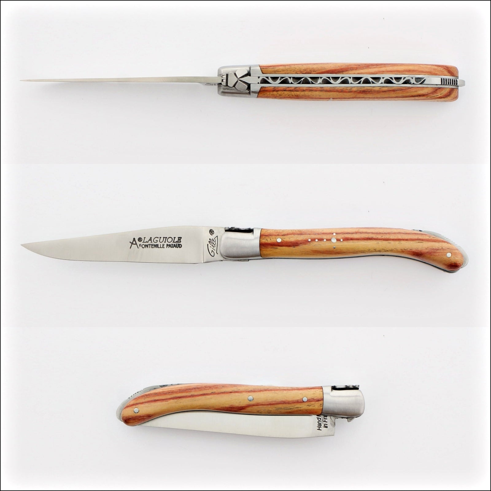 Laguiole XS 9 cm Classic Rosewood pocket knife, top-down view of the open blade and handle. Handcrafted details, 100% Made in France.