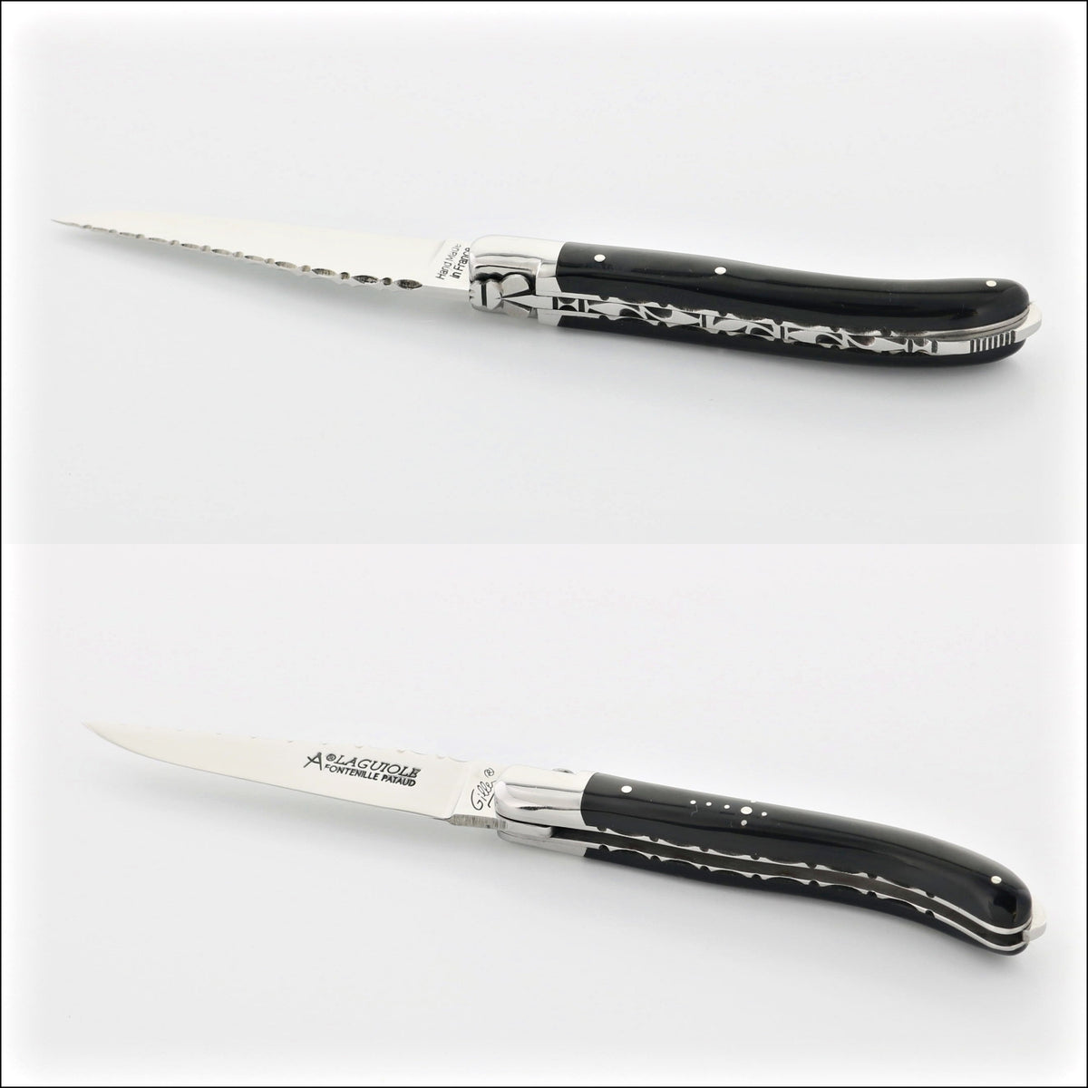Laguiole XS 9 cm Guilloche Black Horn Tip Handle, two side views. Handcrafted details, 100% Made in France.