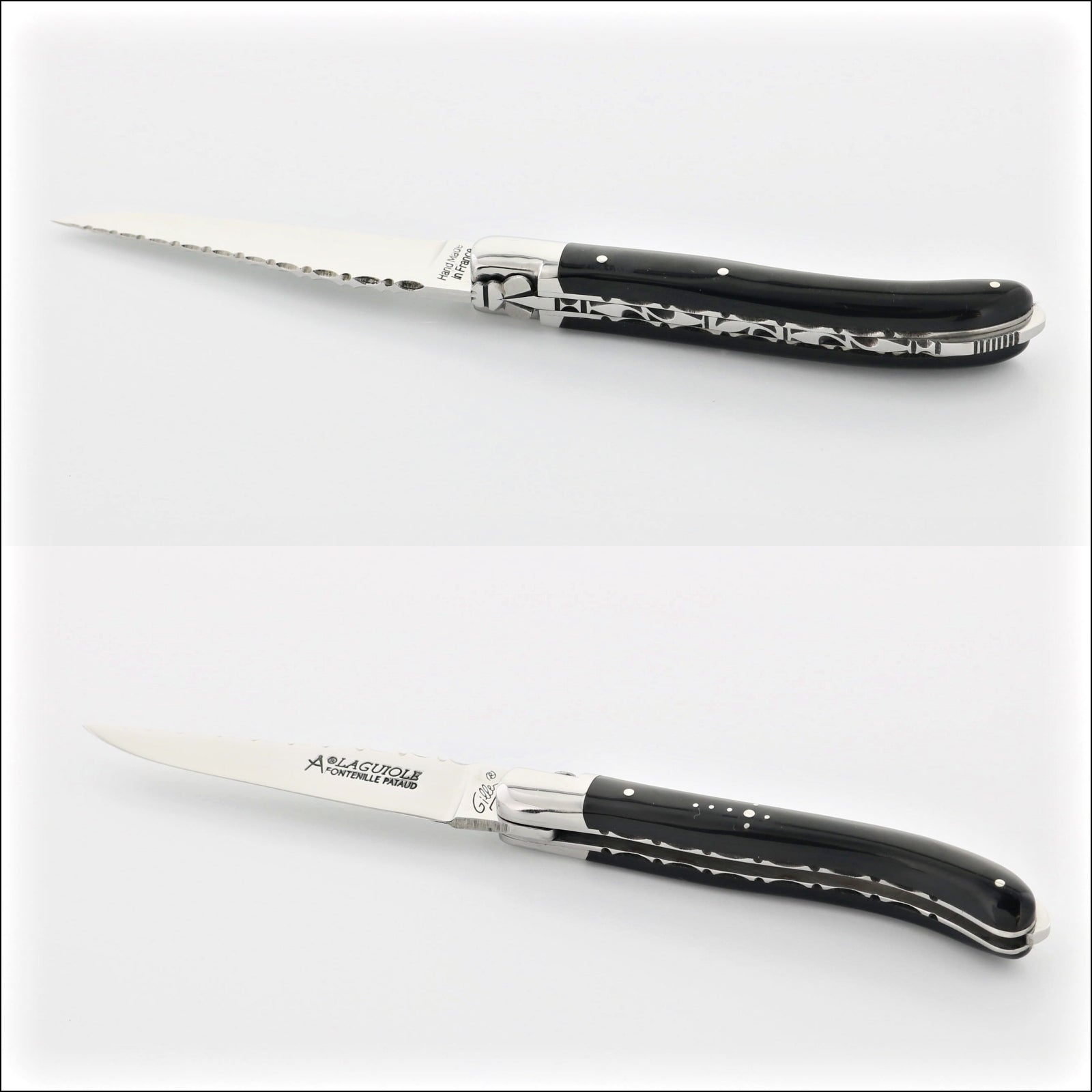 Laguiole XS 9 cm Guilloche Black Horn Tip Handle, side view of open and closed knife. Handcrafted details, 100% Made in France.