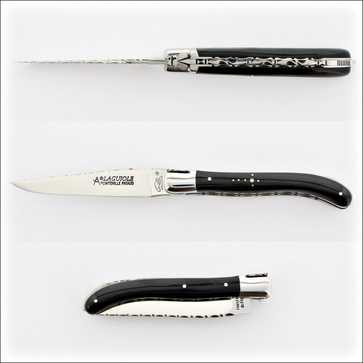 Laguiole XS 9 cm Guilloche Black Horn Tip Handle, side view of open and closed knife. Handcrafted details, 100% Made in France.