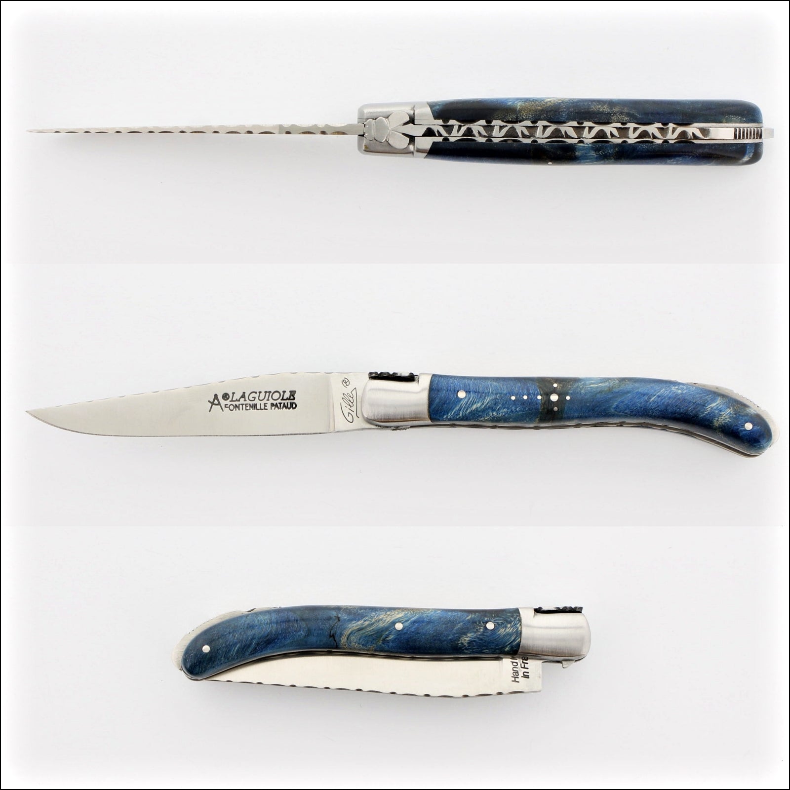 Laguiole XS 9 cm Guilloche Blue Poplar Burl Handle, close-up of the spine, side, and closed views. Handcrafted details, 100% Made in France.