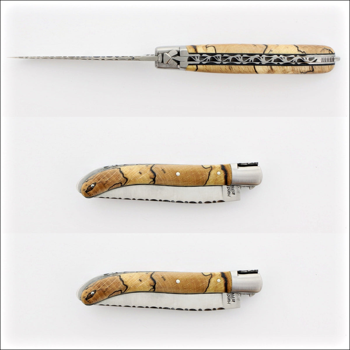 Laguiole XS 9 cm Guilloche Burled Beech End Grain, top and side view. Handcrafted details, 100% Made in France.