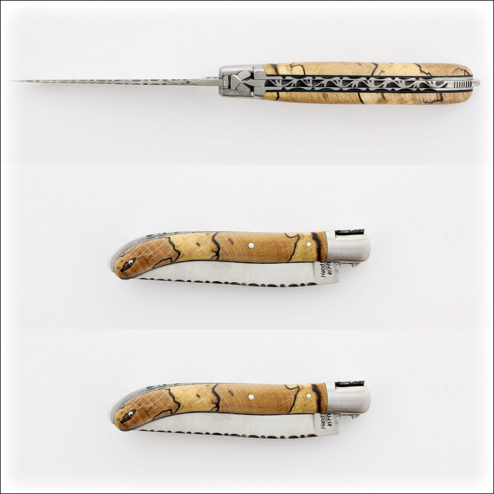 Laguiole XS 9 cm Guilloche Burled Beech End Grain, top and side view. Handcrafted details, 100% Made in France.