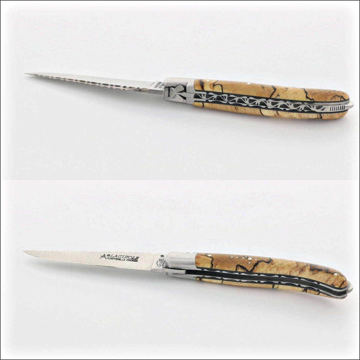 Laguiole XS 9 cm Guilloche Burled Beech End Grain pocket knife, close-up side view. Handcrafted details, 100% Made in France.