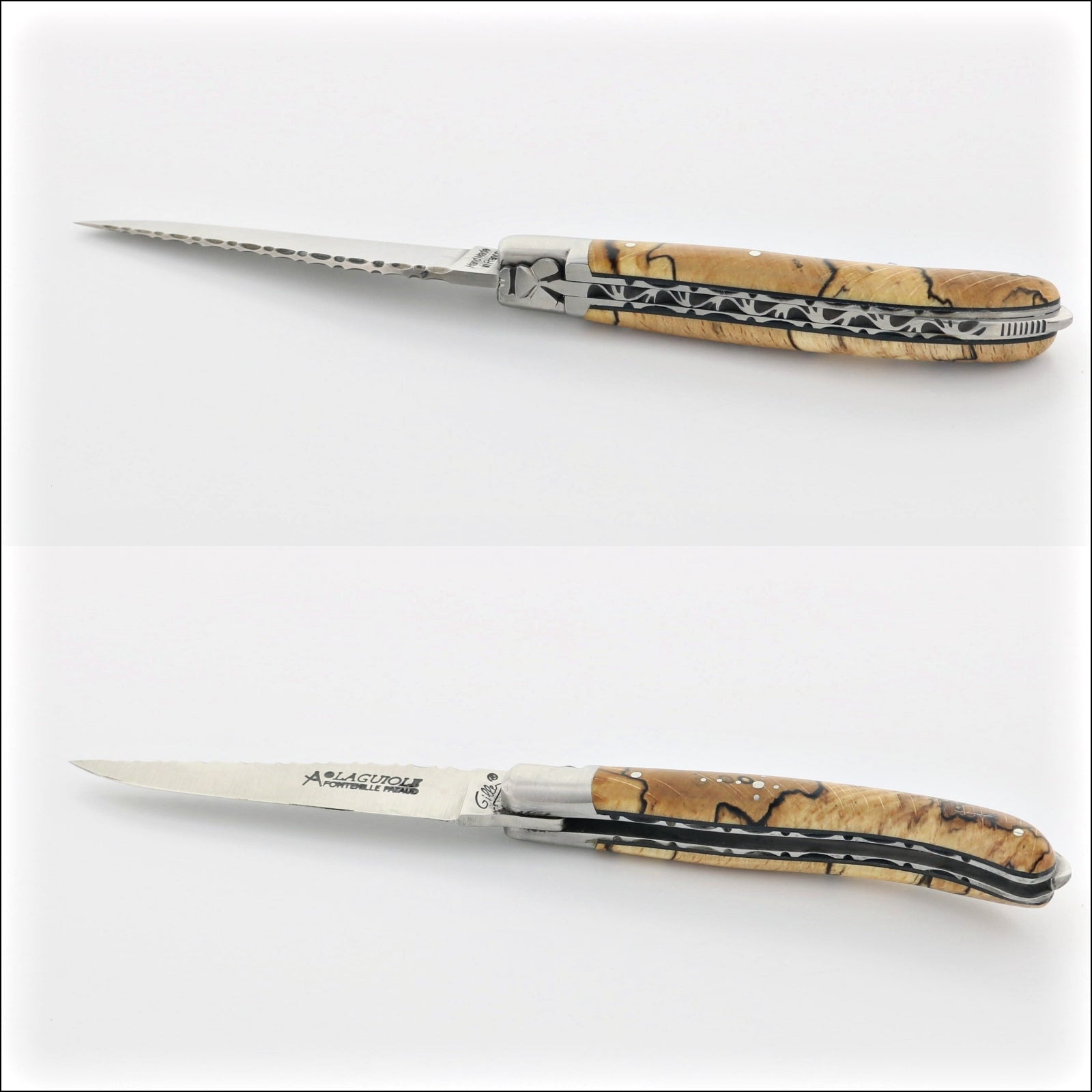 Laguiole XS 9 cm Guilloche Burled Beech End Grain, top and side view. Handcrafted details, 100% Made in France.