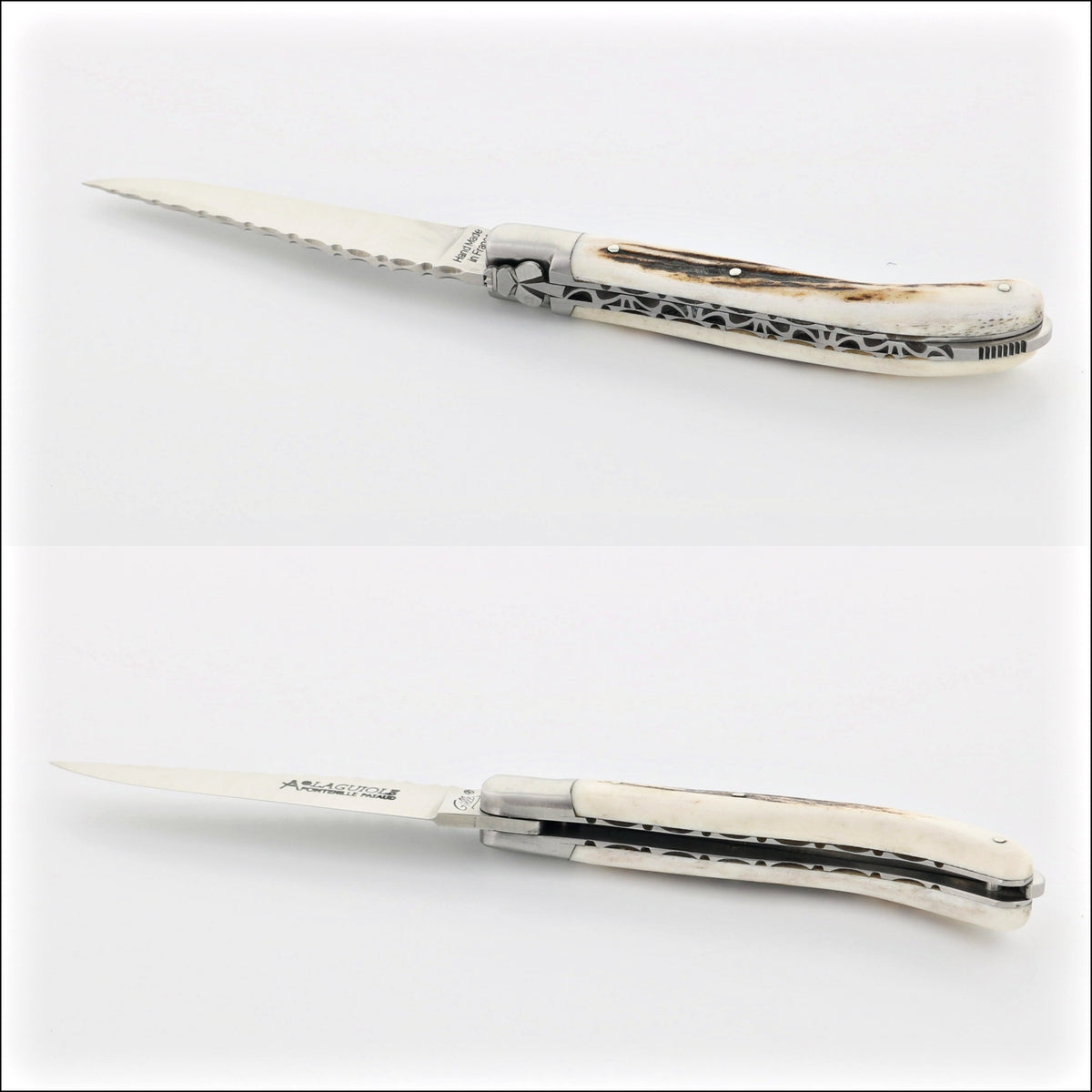 Laguiole XS 9 cm Guilloche Deer Stag Handle, close-up of serrated blade and carved stag handle. Handcrafted details, 100% Made in France.