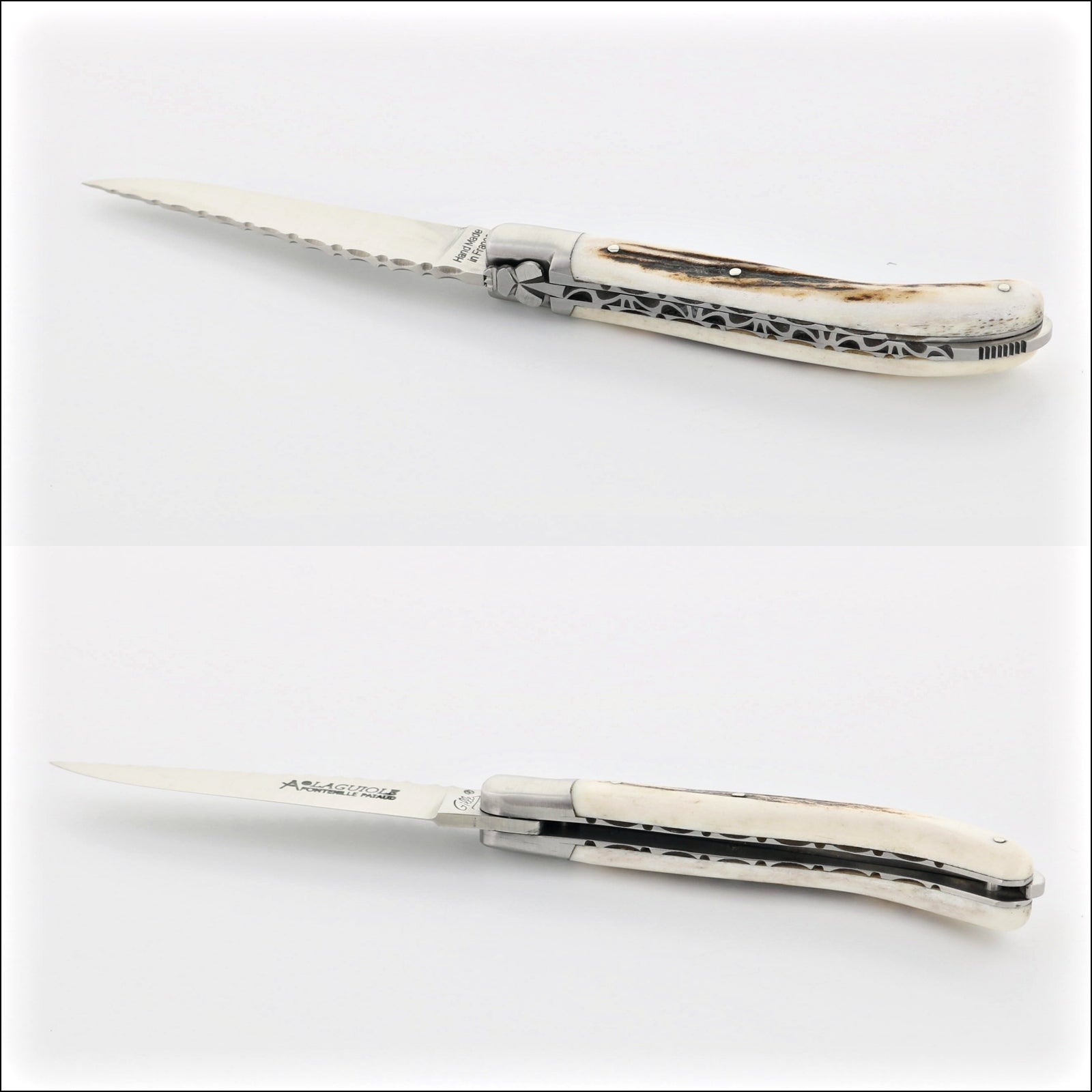 Laguiole XS 9 cm Guilloche Deer Stag Handle, top, side, and closed views. Handcrafted details, 100% Made in France.