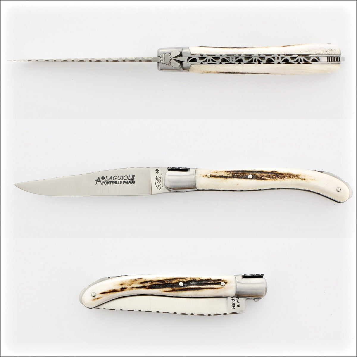 Laguiole XS 9 cm Guilloche Deer Stag Handle, top, side, and closed views. Handcrafted details, 100% Made in France.