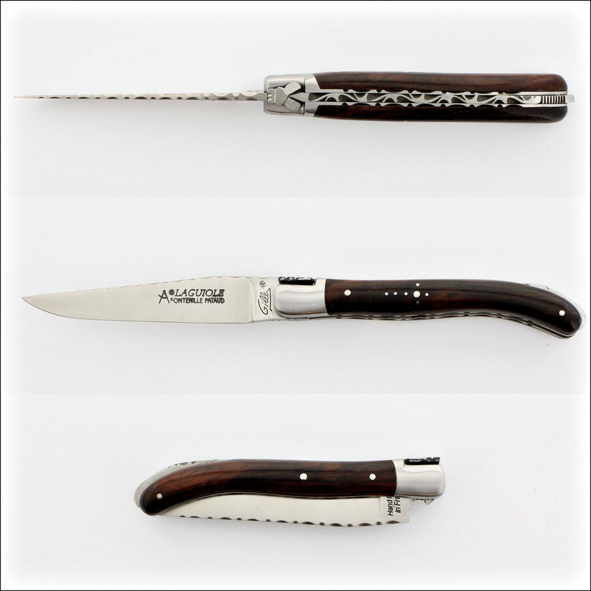 Laguiole XS 9 cm Guilloche Desert Ironwood pocket knife, side view of the dark wood handle and guilloche blade spine. Handcrafted details, 100% Made in France.
