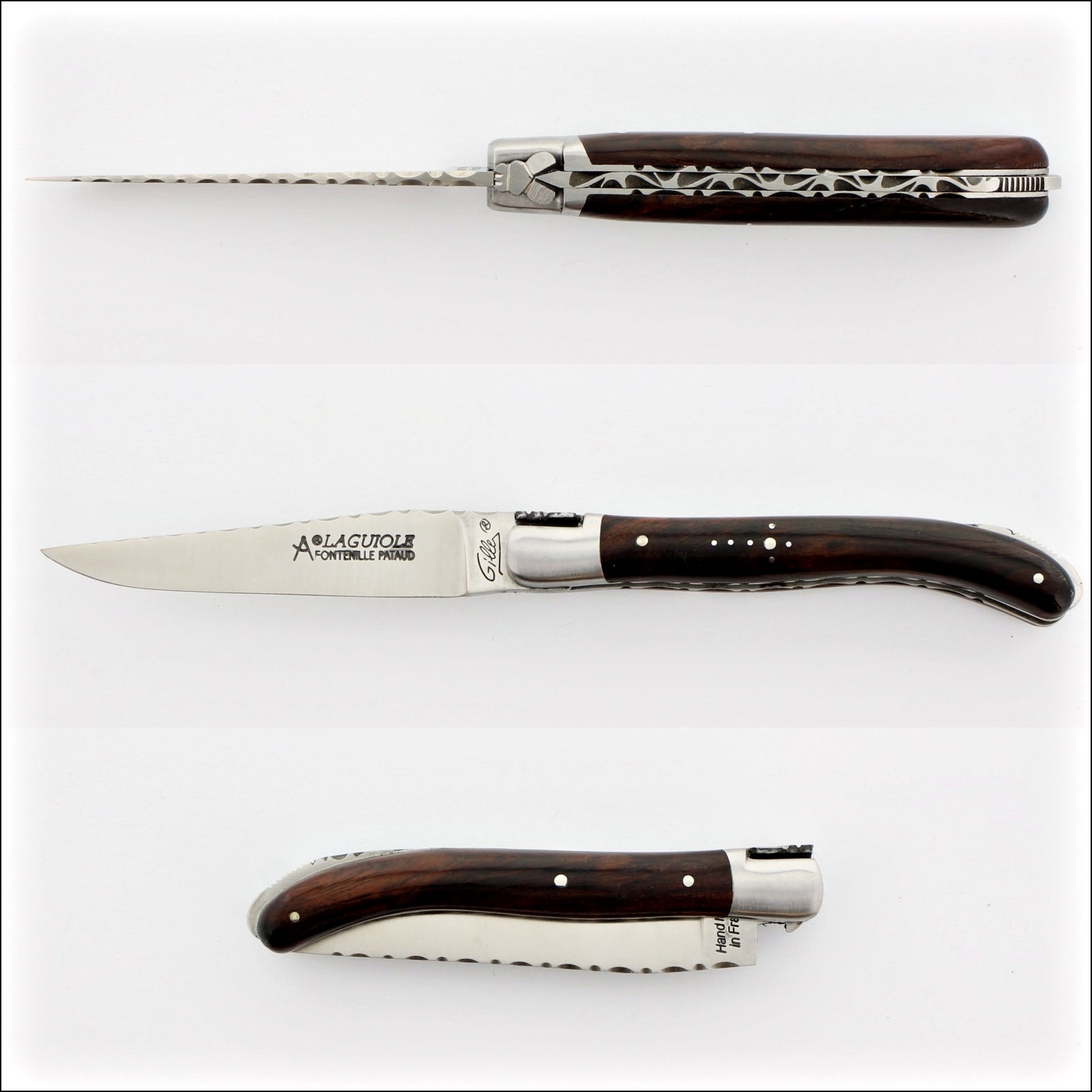 Laguiole XS 9 cm Guilloche Desert Ironwood pocket knife, side view of the dark wood handle and guilloche blade spine. Handcrafted details, 100% Made in France.