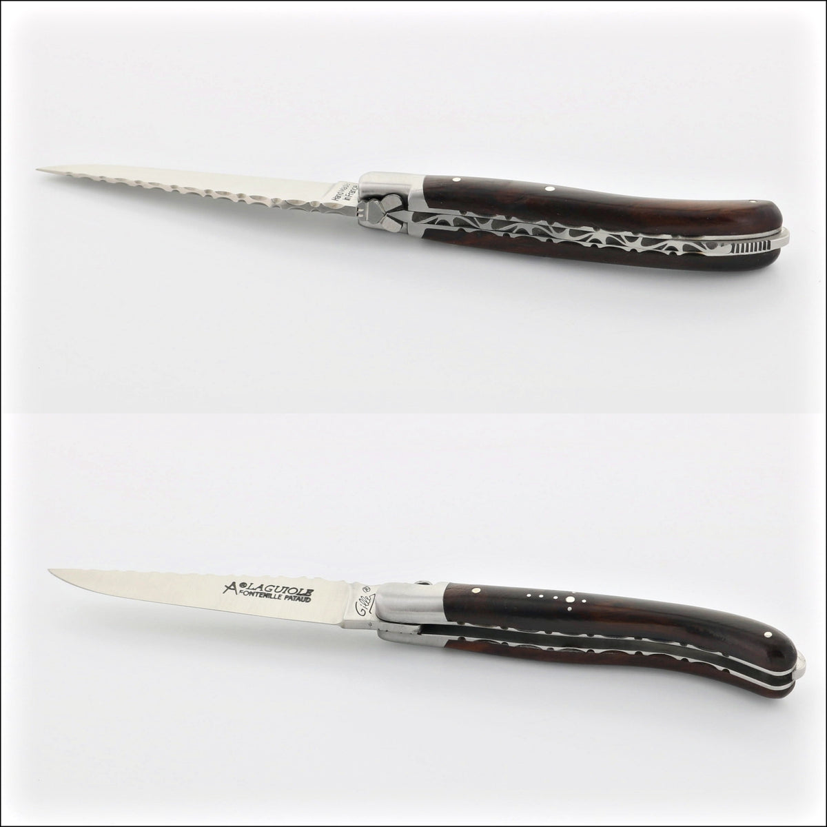 Laguiole XS 9 cm Guilloche Desert Ironwood pocket knife, side view of serrated blade and dark wood handle. Handcrafted details, 100% Made in France.