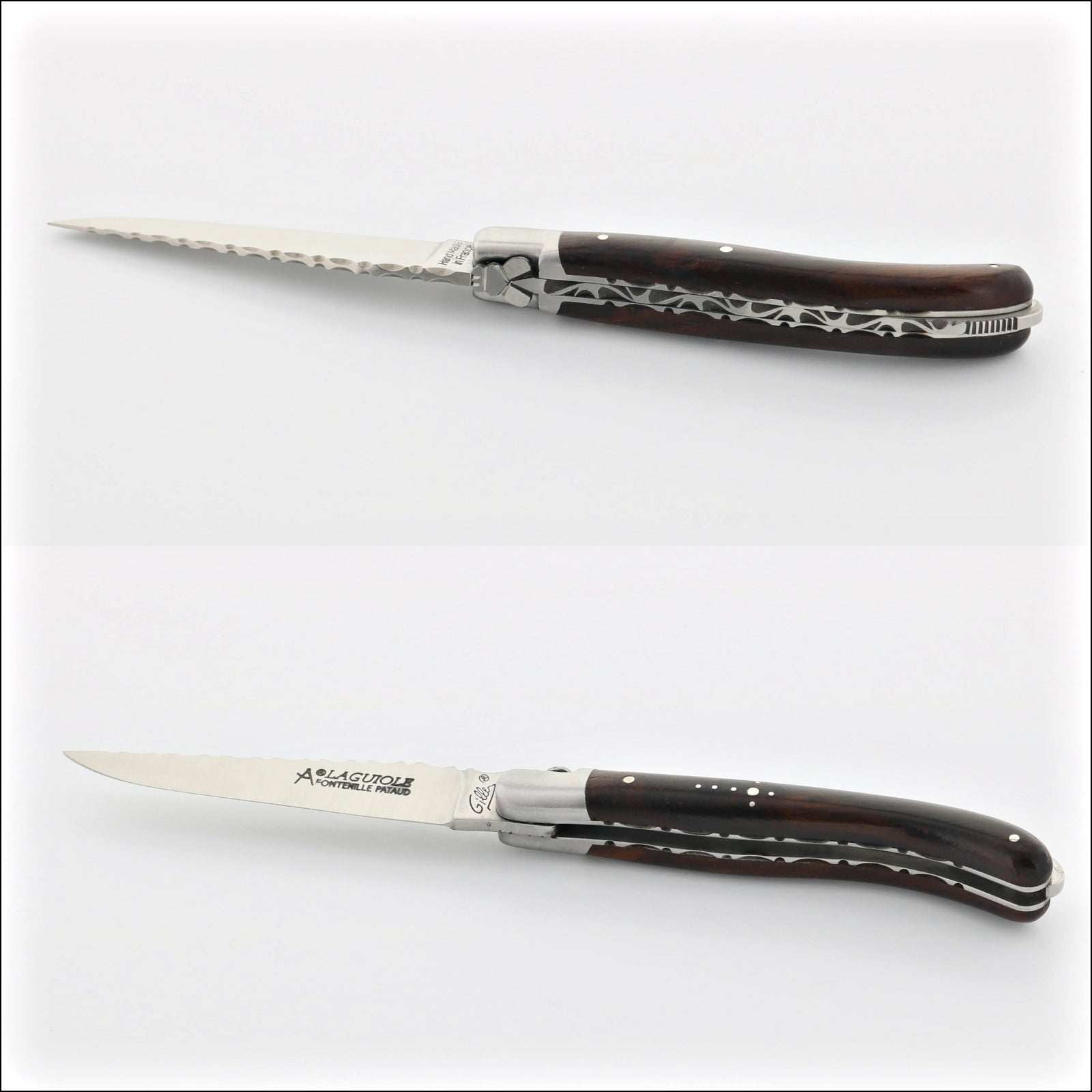 Laguiole XS 9 cm Guilloche Desert Ironwood pocket knife, side view of the dark wood handle and guilloche blade spine. Handcrafted details, 100% Made in France.