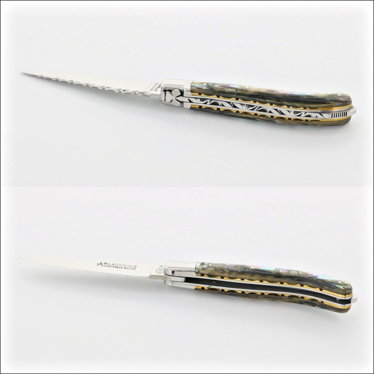 Laguiole XS 9 cm Guilloche Mother of Pearl pocket knife, top-down view showing the guilloche spring and iridescent handle. Handcrafted details, 100% Made in France.