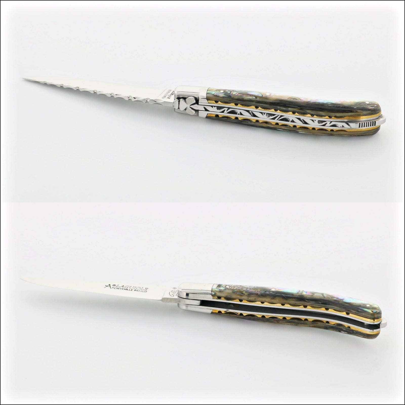 Laguiole XS 9 cm Guilloche Mother of Pearl - 0155-2. Three views of the iridescent mother-of-pearl handle and guilloche spring. Handcrafted details, 100% Made in France.