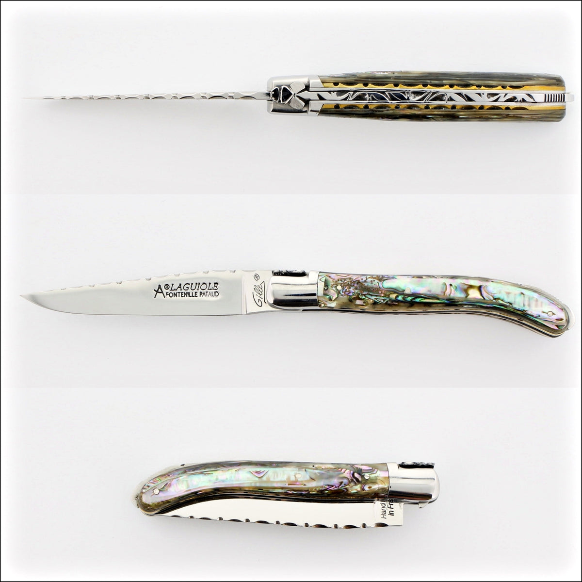 Laguiole XS 9 cm Guilloche Mother of Pearl - 0155-2. Three views of the iridescent mother-of-pearl handle and guilloche spring. Handcrafted details, 100% Made in France.