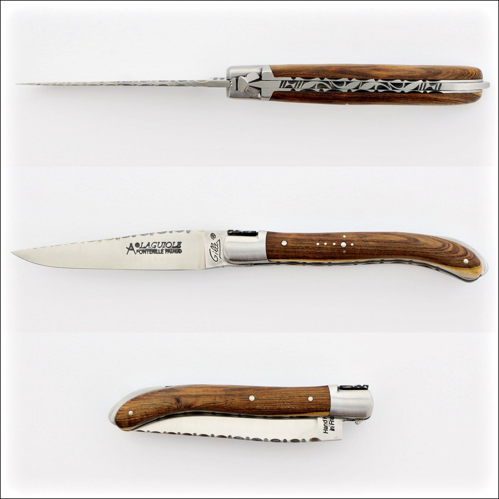 Laguiole XS 9 cm Guilloche Pistachio Wood Handle, top-down view of the open knife, showing the blade and handle. Handcrafted details, 100% Made in France.