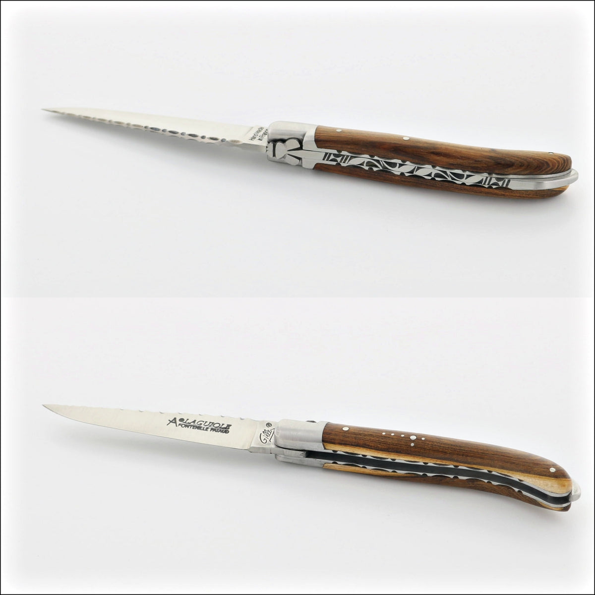 Laguiole XS 9 cm Guilloche Pistachio Wood Handle, close-up side view. Handcrafted details, 100% Made in France.