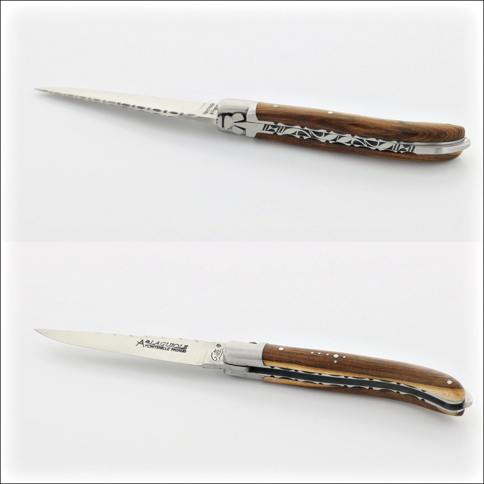 Laguiole XS 9 cm Guilloche Pistachio Wood Handle, top-down view of the open knife, showing the blade and handle. Handcrafted details, 100% Made in France.