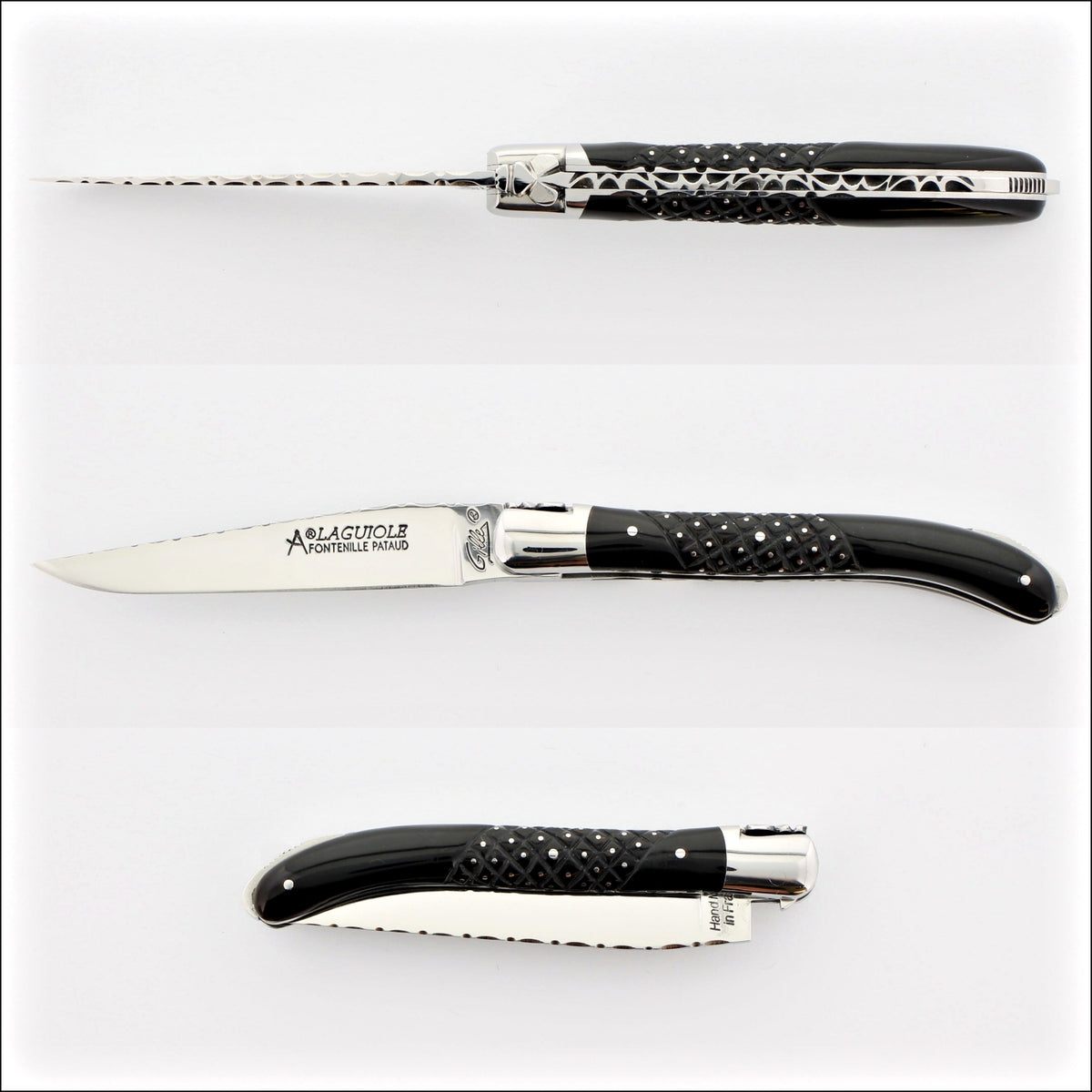 Laguiole XS 9 cm Guilloche Studded Black Horn Tip Handle. Side view of the open and closed knife. Handcrafted details, 100% Made in France.