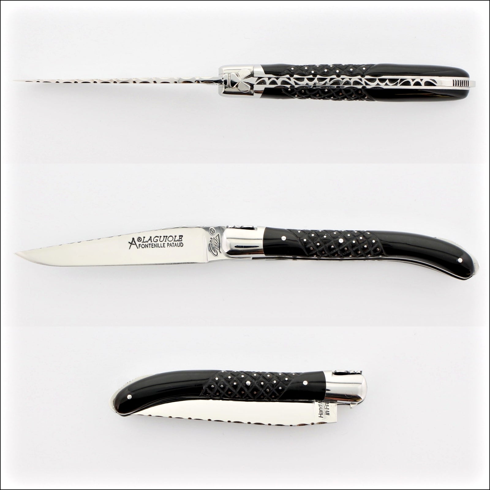 Laguiole XS 9 cm Guilloche Studded Black Horn Tip Handle. Side view of the open and closed knife. Handcrafted details, 100% Made in France.