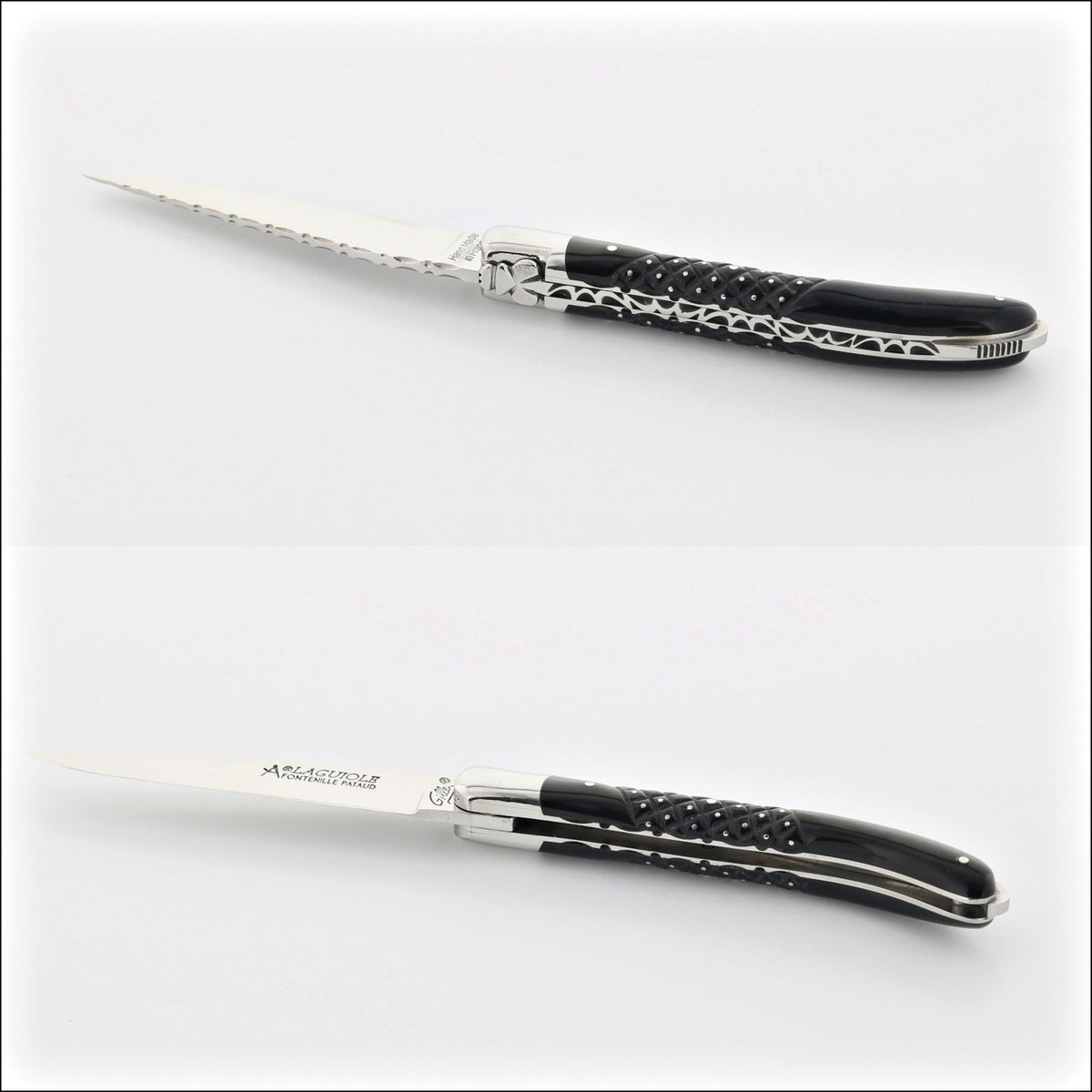 Laguiole XS 9 cm Guilloche Studded Black Horn Tip Handle, close-up of handle detail. Handcrafted details, 100% Made in France.