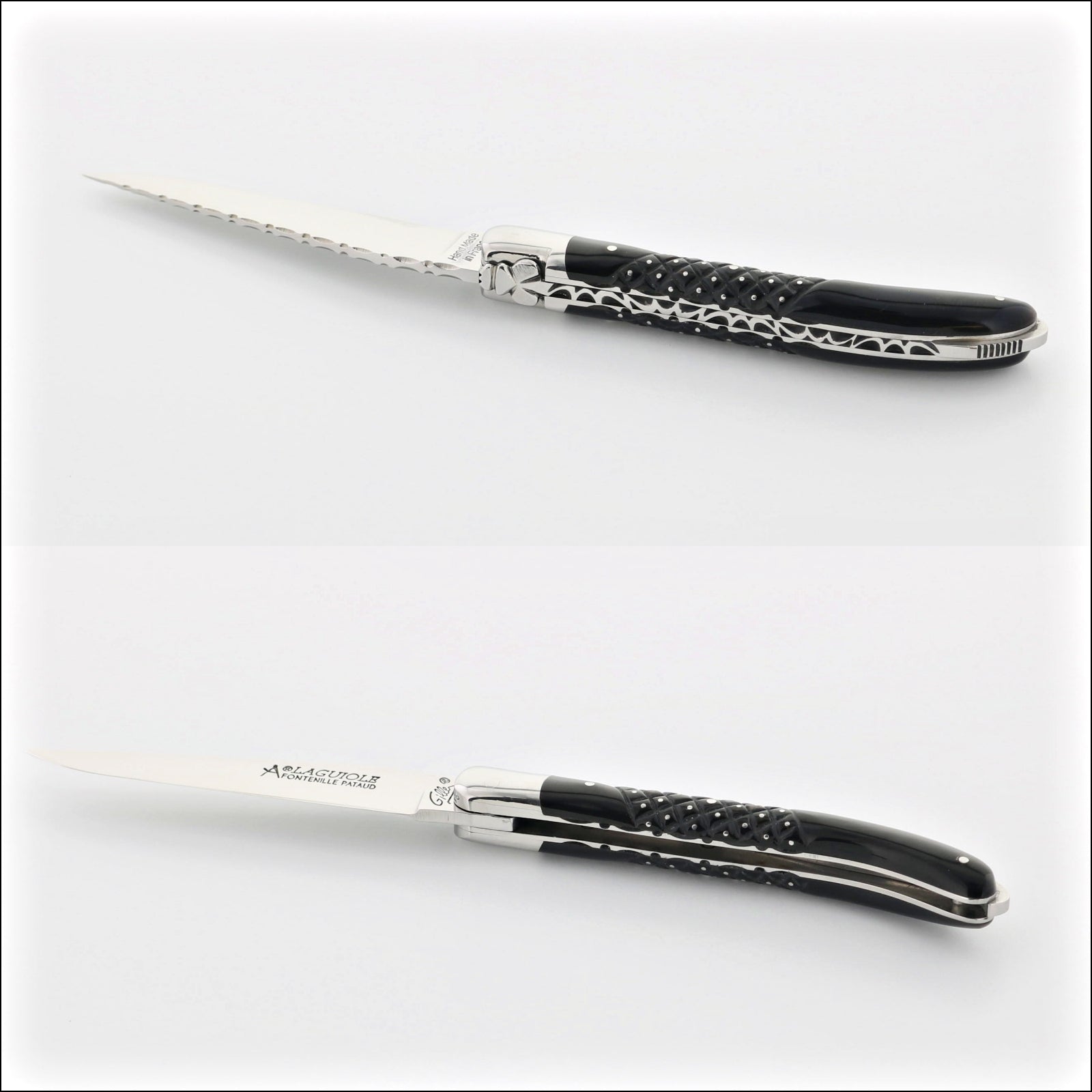 Laguiole XS 9 cm Guilloche Studded Black Horn Tip Handle. Side view of the open and closed knife. Handcrafted details, 100% Made in France.