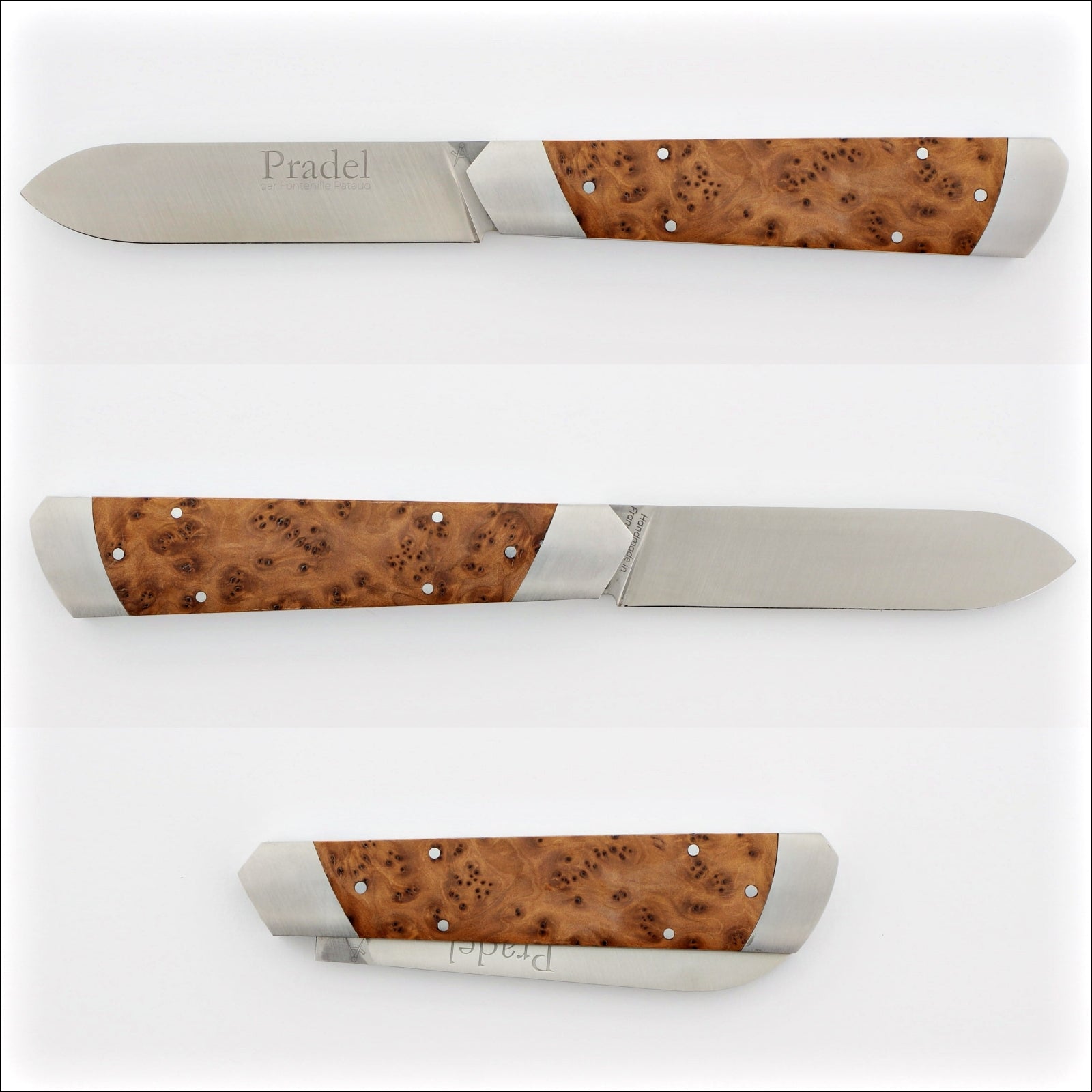 Pradel Folding Knife Thuya Handle & Hidden Lock-Back, close-up of the Thuya wood handle with silver rivets. Handcrafted details, 100% Made in France.