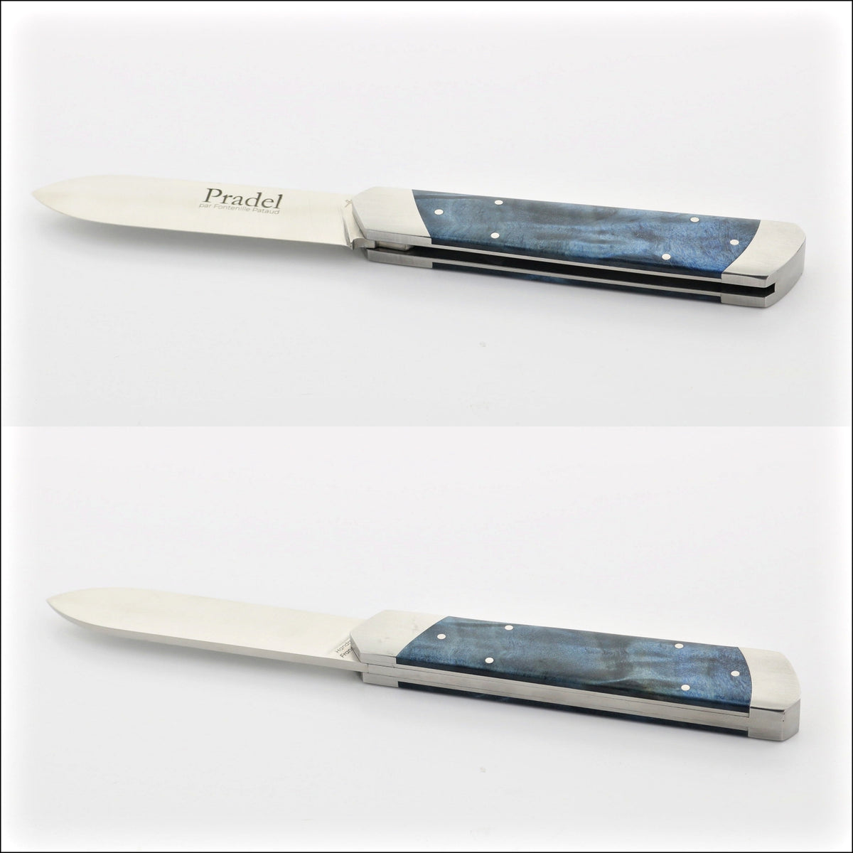 Pradel Knife Blue Poplar Burl Handle & Hidden Lock-Back