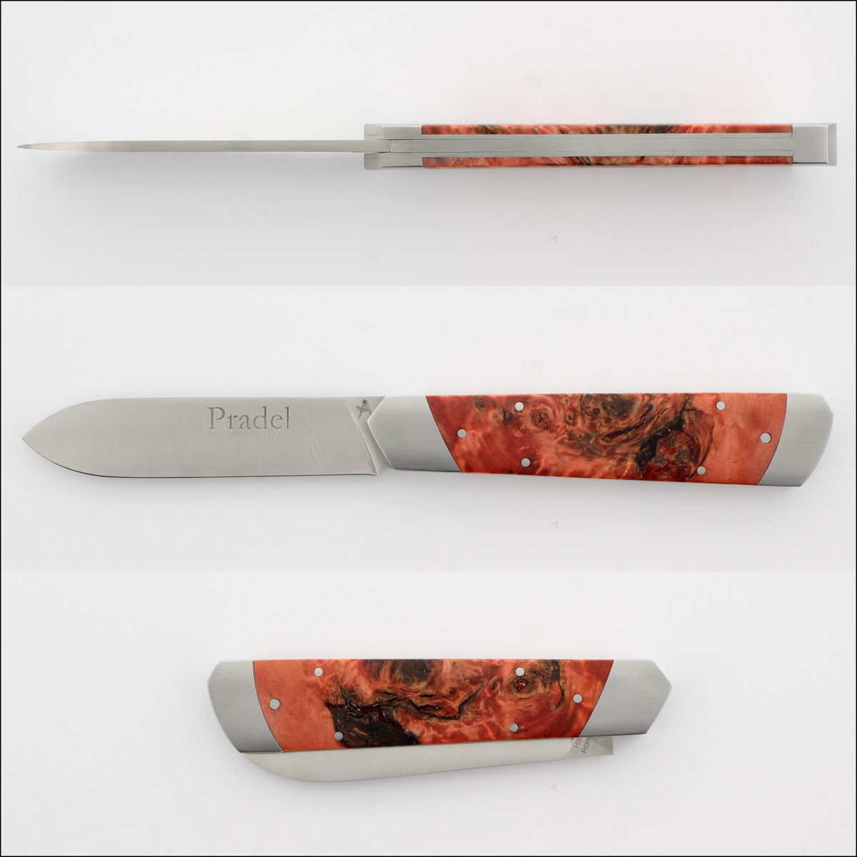 Pradel Knife Red Poplar Burl Handle & Hidden Lock-Back