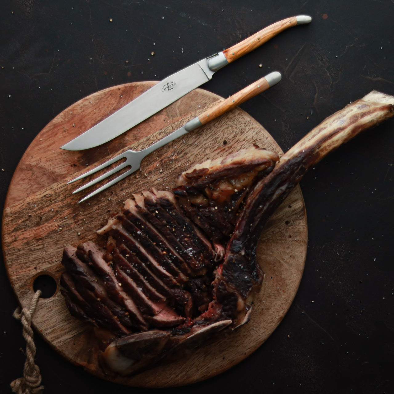 Laguiole Carving Set Olive Wood Handle Satin Finish, - Handcrafted by Forge de Laguiole