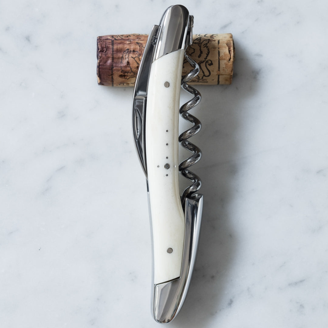 Forge de Laguiole Corkscrew Bone Handle, top-down view of polished steel and cream bone handle.