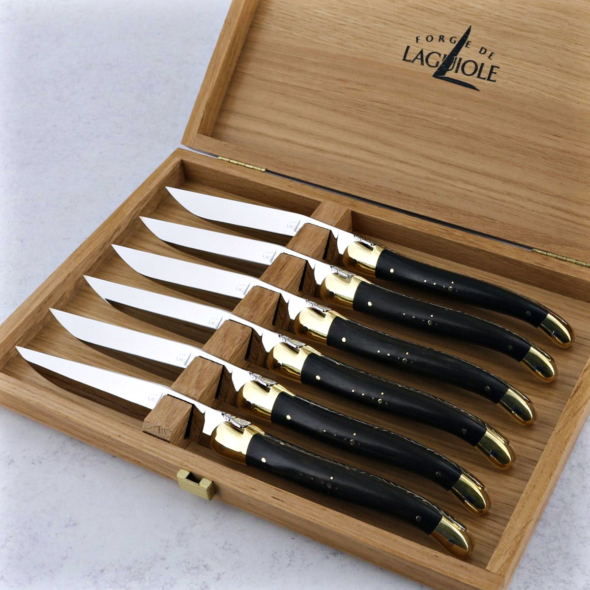 Forge de Laguiole Ebony Wood Steak Knives - Brass Bolsters - Luxury Presentation Set